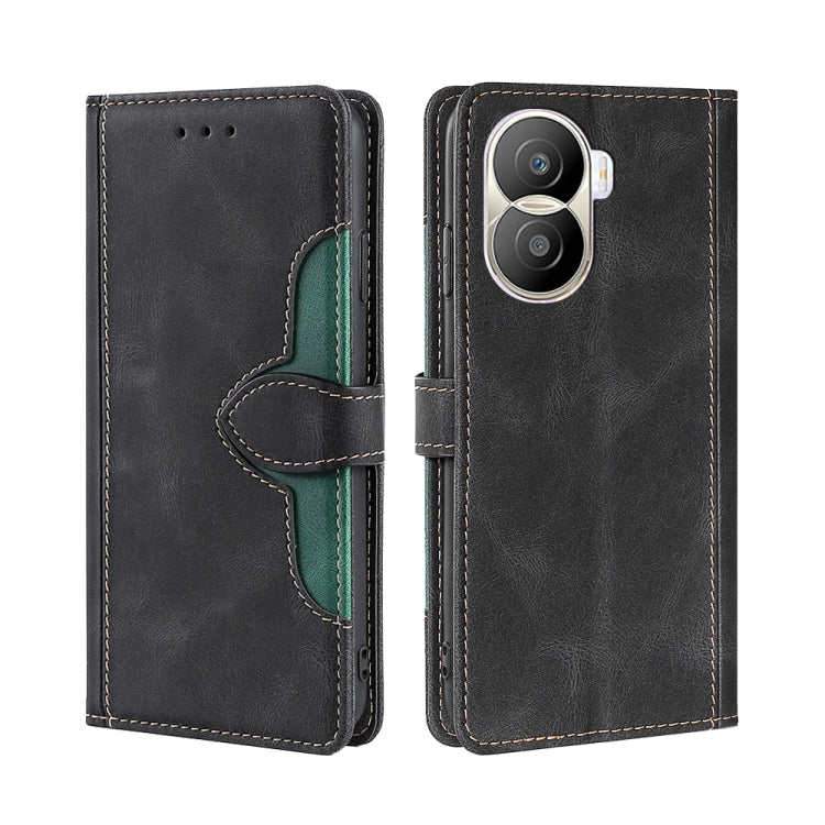 Black leather phone case with green-trim magnetic buckle and dual-camera back cover