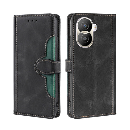 Black leather phone case with green-trim magnetic buckle and dual-camera back cover