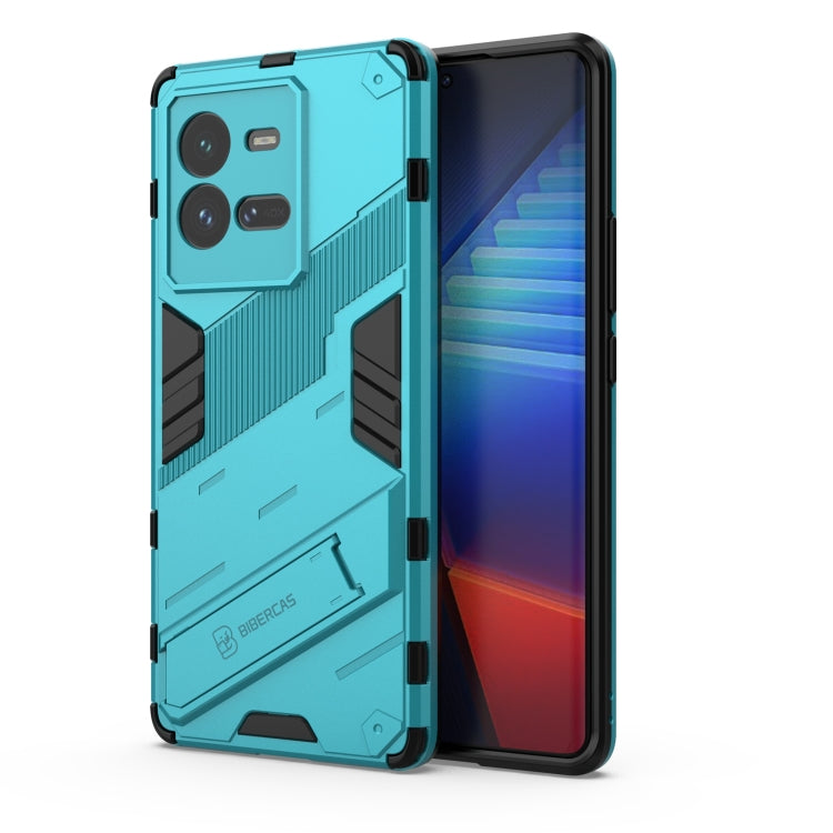 Blue shockproof phone case with rugged armor texture and raised camera cutouts