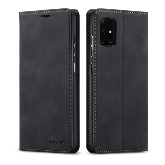 Magnetic flip leather phone case with card slots, black with orange stitching, Galaxy-style cutouts