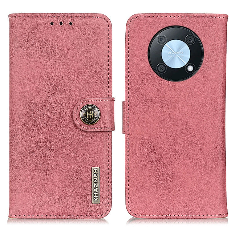 Pink flip leather phone case with round magnetic clasp and camera cutout.