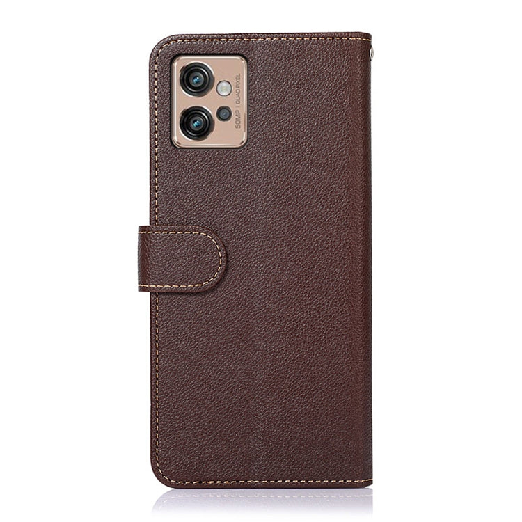 Brown leather flip phone case with stitched side card pocket and camera cutout.