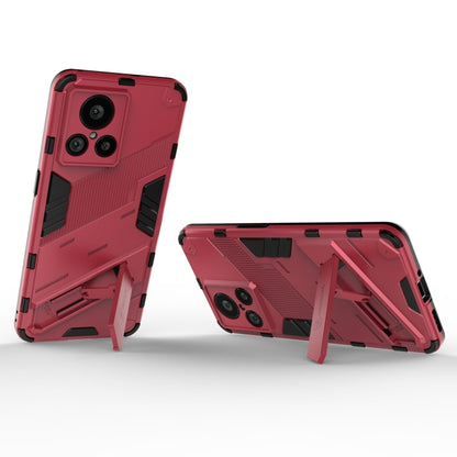Red shockproof phone case with built-in stand and camera protection