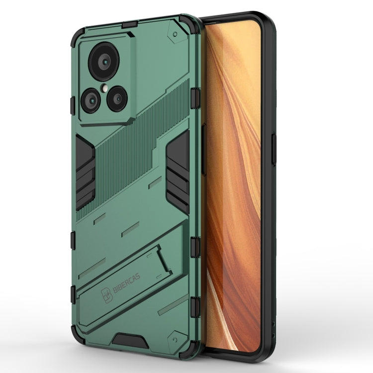 Green shockproof phone case with rugged texture and camera openings