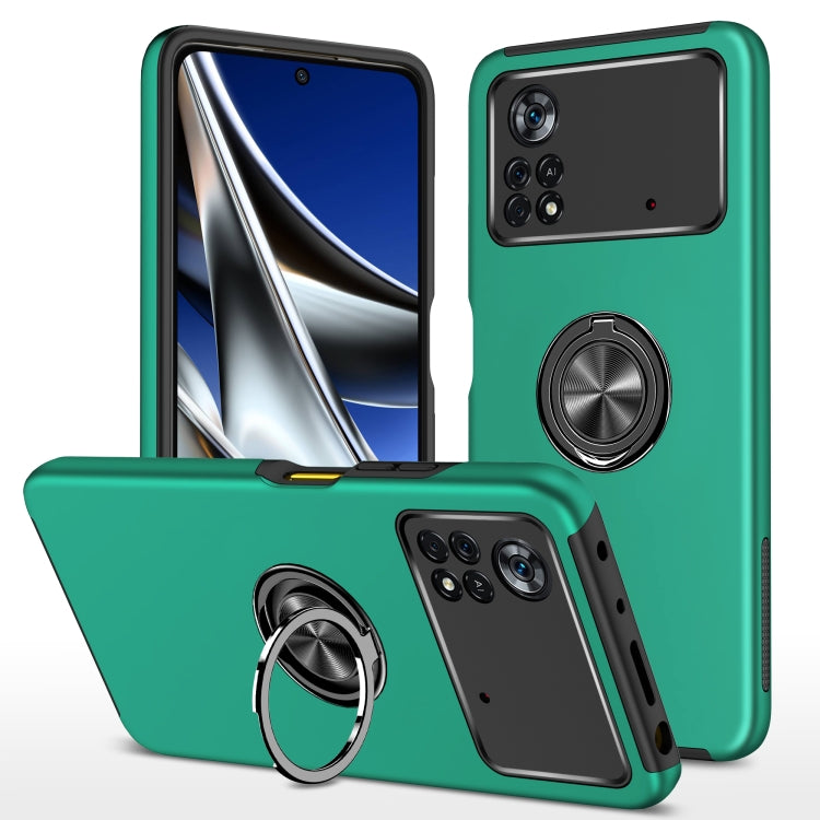 Dark green phone case with magnetic ring holder and raised camera cutouts