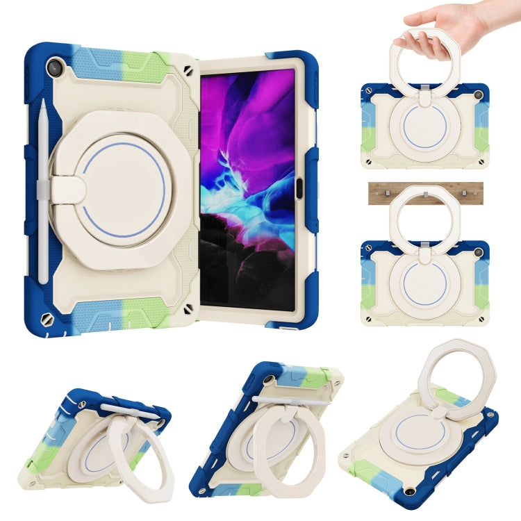Tablet case with ring stand, blue-and-green contrast, shockproof protective cover.