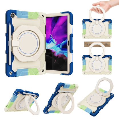 Tablet case with ring stand, blue-and-green contrast, shockproof protective cover.