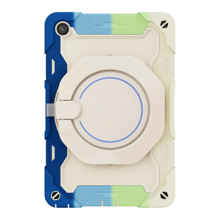 Tablet case front cover with circular ring stand, blue and cream contrast accents.