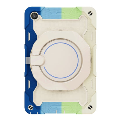 Tablet case front cover with circular ring stand, blue and cream contrast accents.