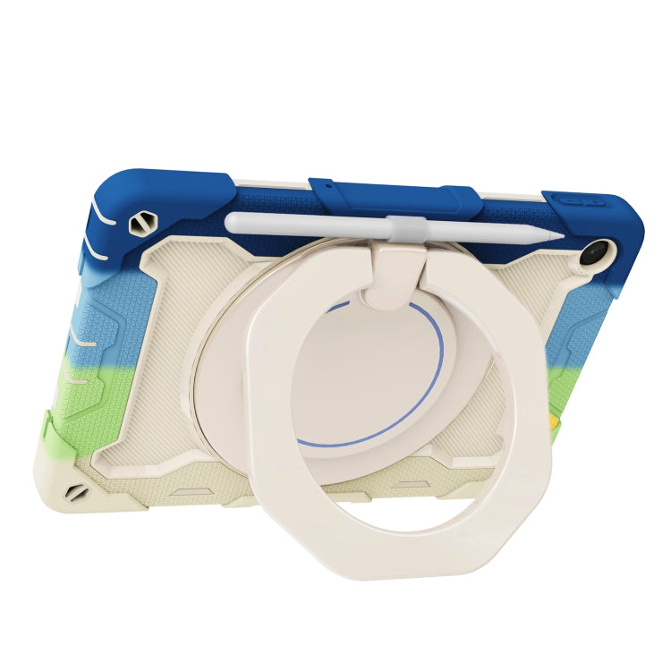 Tablet case with ring stand and kickstand bar, blue-and-cream rugged armor style.