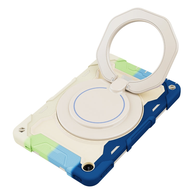 Tablet case with circular ring stand, blue-and-cream cover with green accent trim.