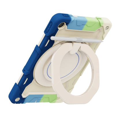 Tablet case with ring stand, cream front panel and blue back with green details.