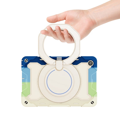 Tablet case with ring handle, blue-and-cream rugged shell with protective corners.