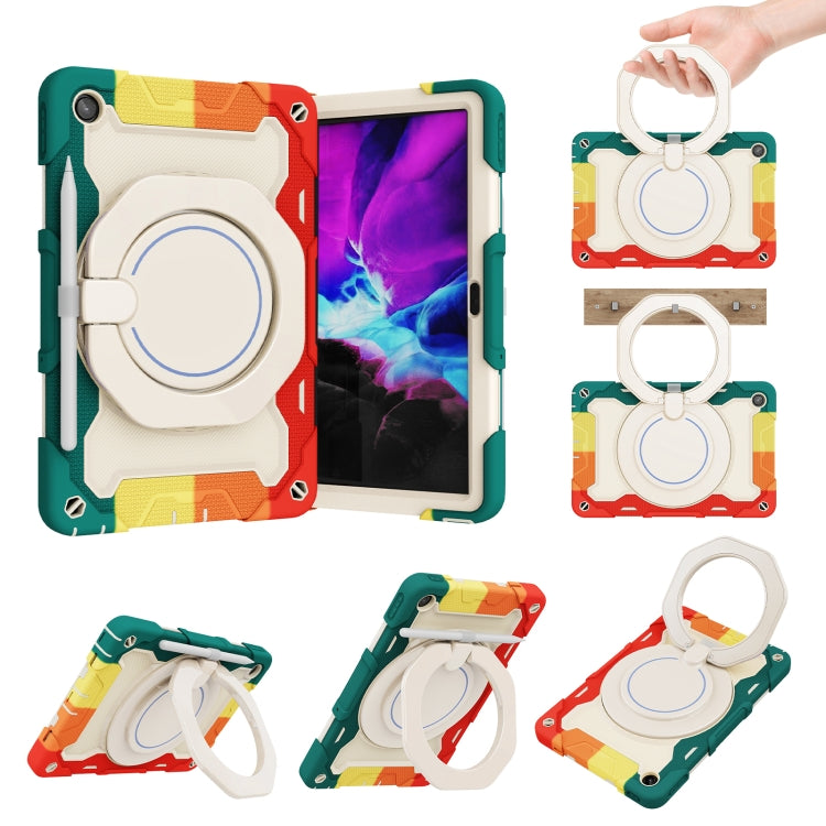 Tablet case with ring stand, red-and-green contrast with cream bumper frame.