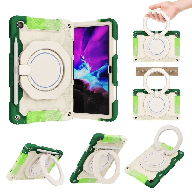 Tablet case with ring stand, green-and-blue contrast with cream protective edge.