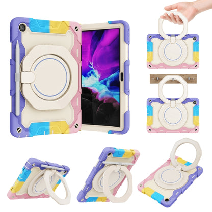Tablet case with ring stand, purple-blue and yellow contrast with cream protective shell.
