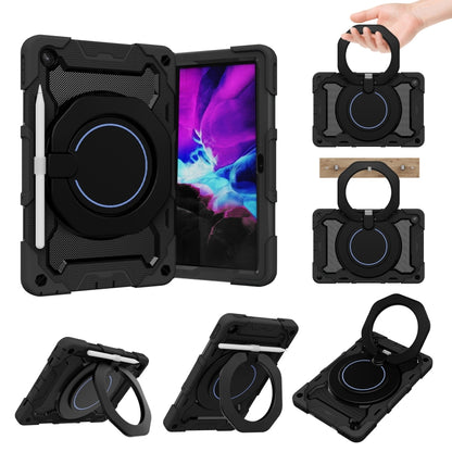 Tablet case with ring stand, black rugged armor style with protective corner pads.