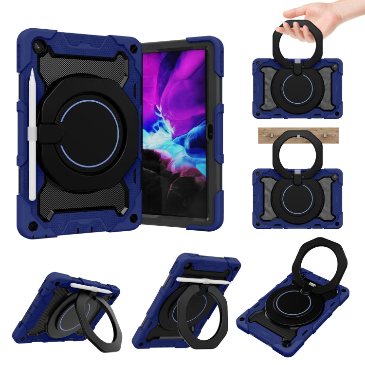 Blue tablet case with black circular kickstand and hand strap, with protective corners