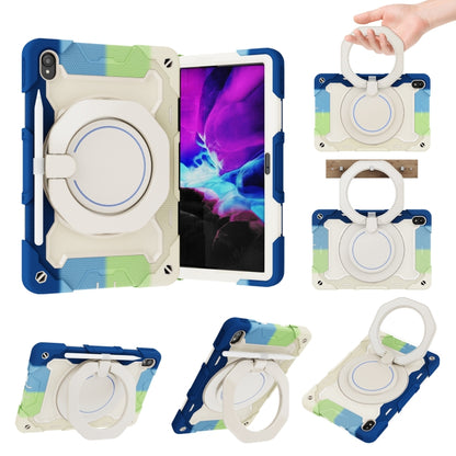 Color-block tablet case with white circular kickstand and carrying handle, protective shell