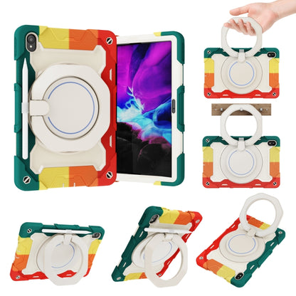 Multicolor tablet case with white circular kickstand and hand strap, rugged protective design
