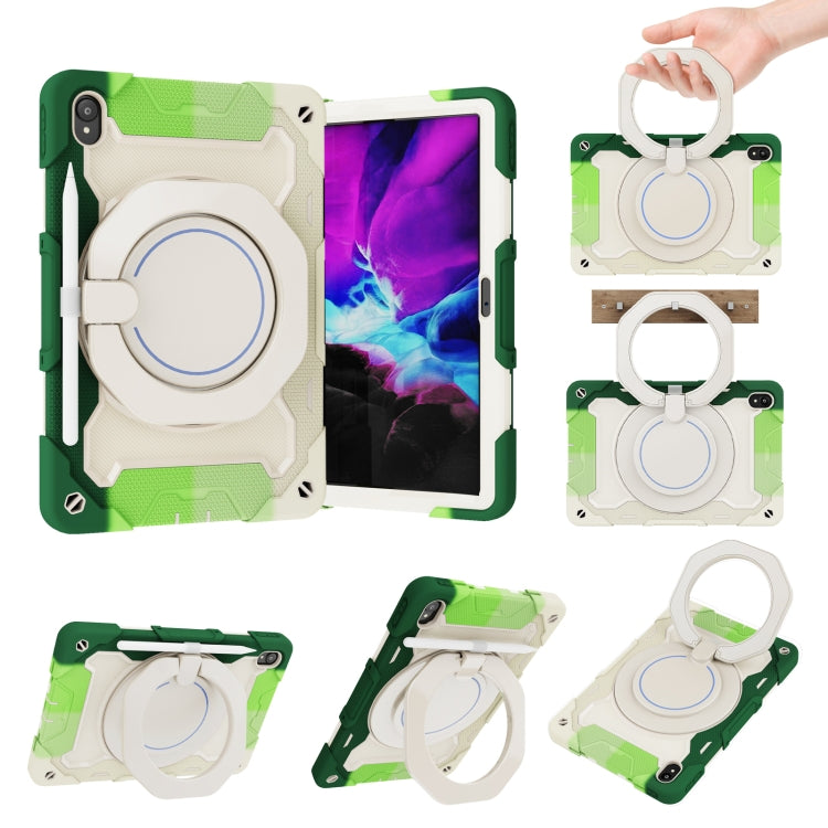 Green tablet case with white circular kickstand and hand strap, rugged shockproof cover
