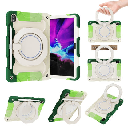 Green tablet case with white circular kickstand and hand strap, rugged shockproof cover