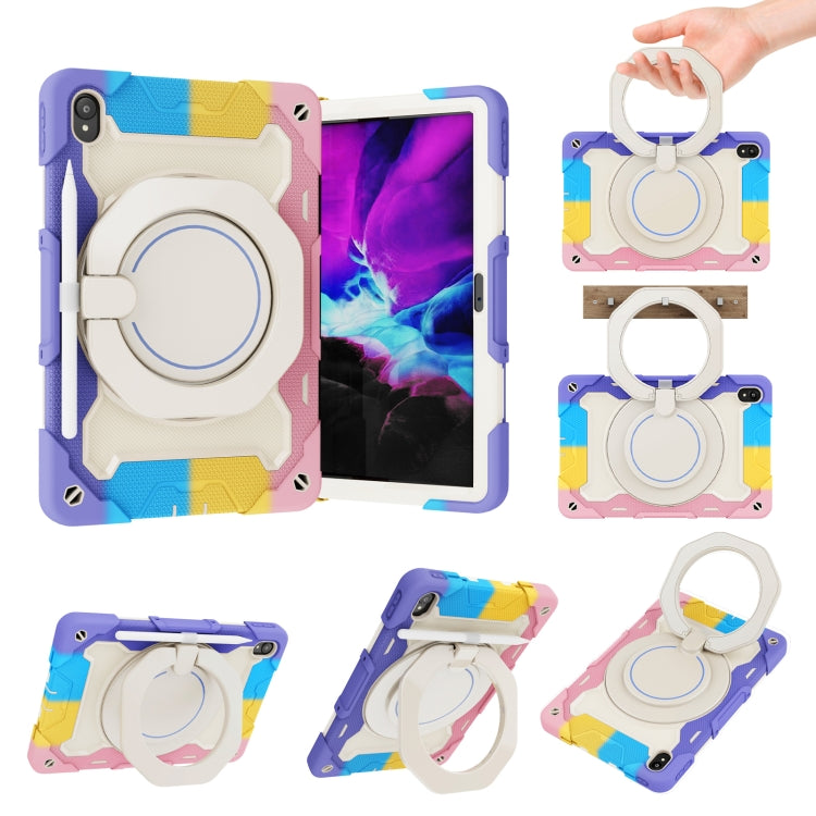 Purple and blue tablet case with white circular kickstand and carrying handle, protective cover