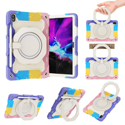 Purple and blue tablet case with white circular kickstand and carrying handle, protective cover
