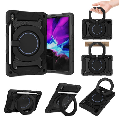 Black tablet case with black circular kickstand and hand strap, rugged protective shell