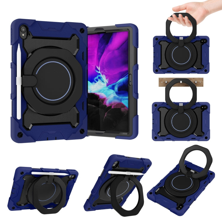 Blue tablet case with black circular stand and hand strap, includes protective side grips