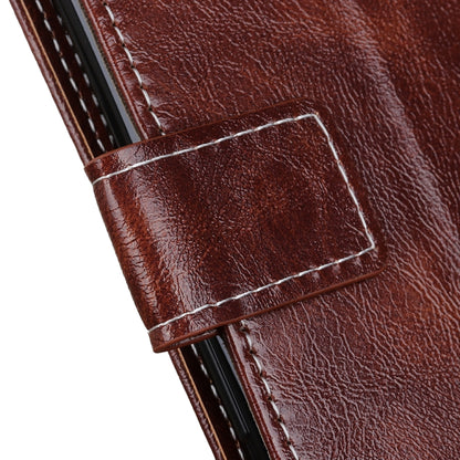 Brown crazy horse texture leather phone case with stitched card holder window detail