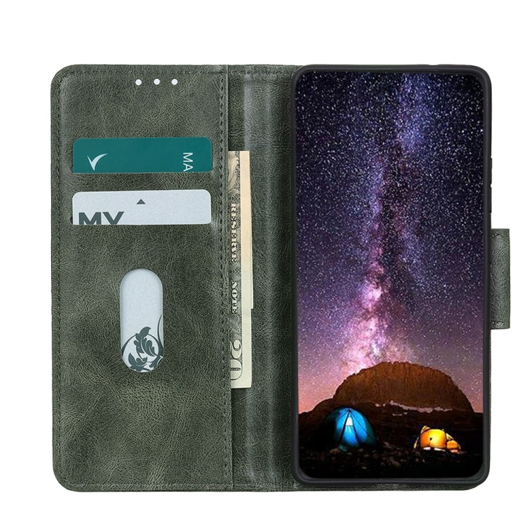 Dark green leather flip phone case with card holder pocket and front screen open.