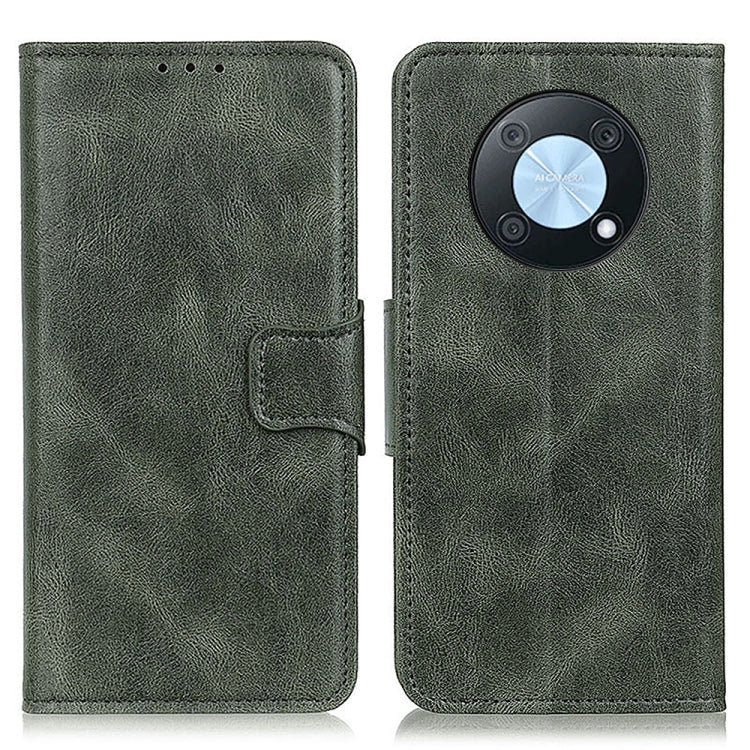 Dark green leather flip phone case with circular camera cutout on back