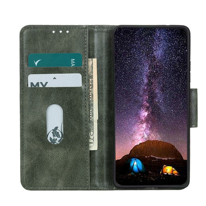 Dark green leather flip phone case open with card slots and phone screen protector