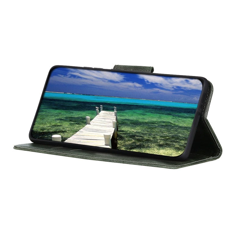 Dark green leather flip phone case folded into a horizontal viewing stand
