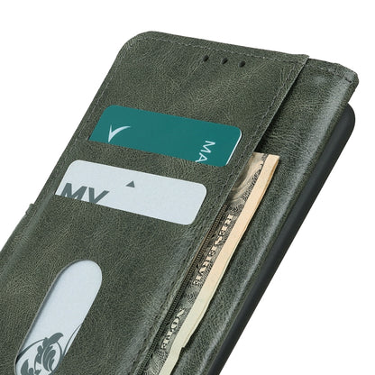 Dark green leather flip phone case close-up with embossed texture and card pocket