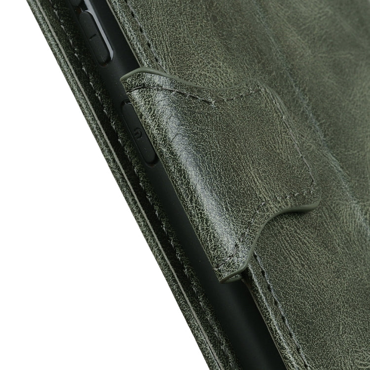 Dark green leather flip phone case close-up showing inner cutout and stitching