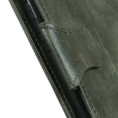 Dark green leather flip phone case close-up showing inner cutout and stitching