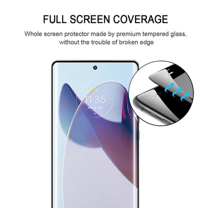 Full-screen tempered glass film with curved edges, shown on phone with close-up