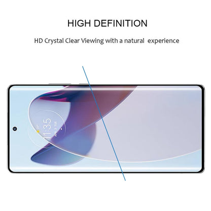 Tempered glass screen protector with full coverage over phone display, curved edges