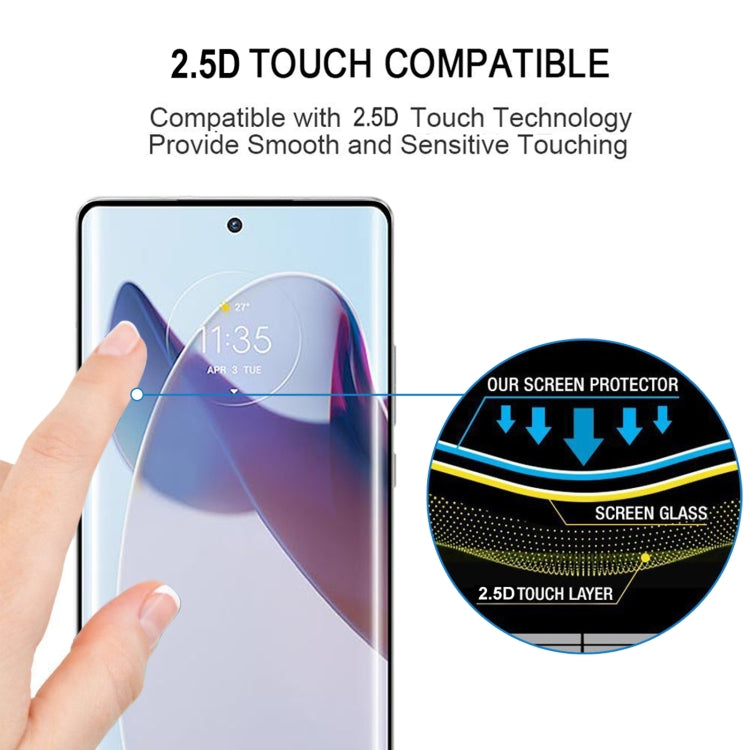 Curved-edge tempered glass screen protector, shown being applied by hand