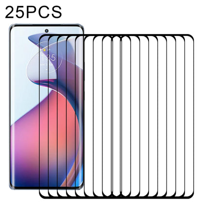 25-pack curved-edge tempered glass screen protectors stacked beside phone screen