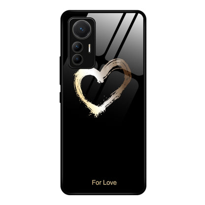 Glass phone case for Xiaomi 12 Lite with black background and gold painted heart