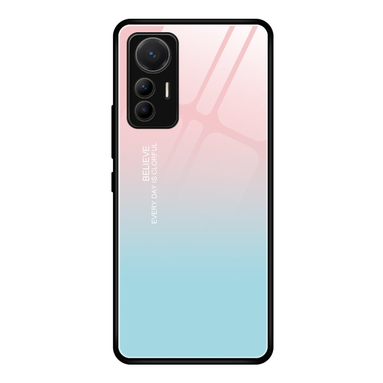 Glass phone case for Xiaomi 12 Lite with pastel pink-to-blue gradient and soft line art