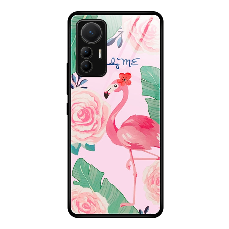 Glass phone case for Xiaomi 12 Lite with flamingo and rose floral pattern