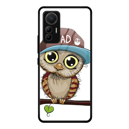 Glass phone case for Xiaomi 12 Lite with cartoon owl wearing a cap and “AD” text