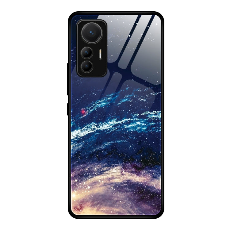 Glass phone case with starry blue night and galaxy wave design