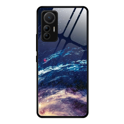 Glass phone case with starry blue night and galaxy wave design