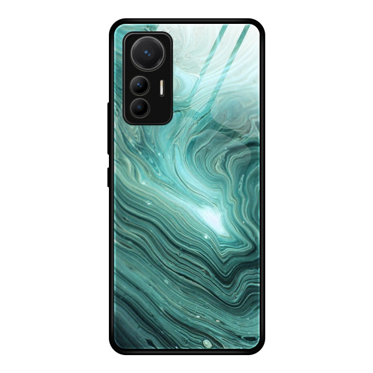 Marble-pattern glass protective phone case for Xiaomi 12 Lite, teal green wave swirls