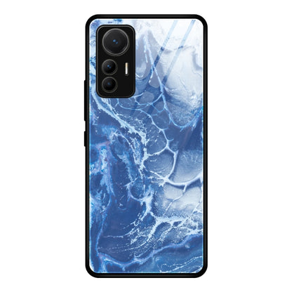 Marble-pattern glass protective phone case for Xiaomi 12 Lite, blue cracked ice design